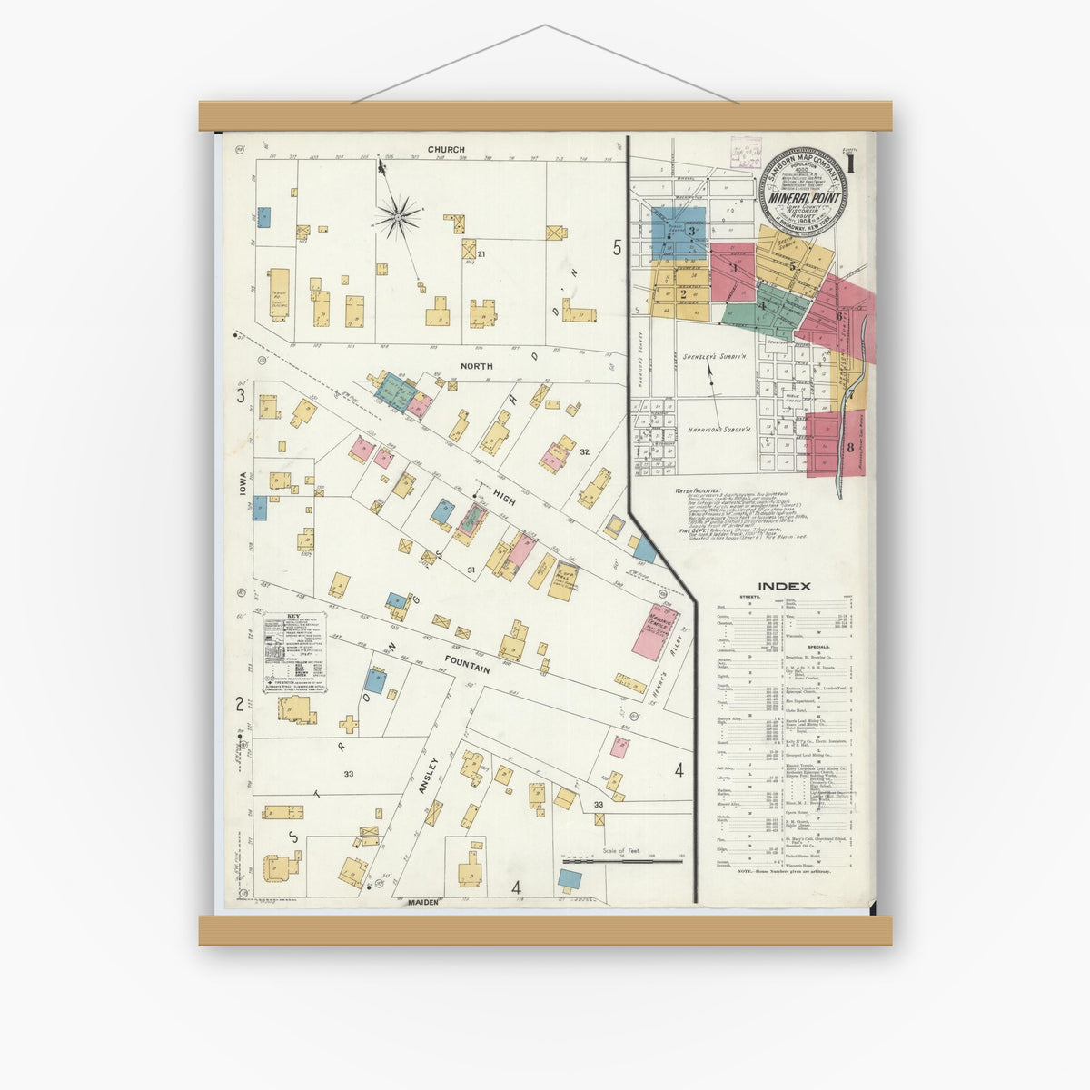 Old map wall art mockup — magnetic wood frame on white wall — Sanborn Fire Insurance Map from Mineral Point, Iowa County, Wisconsin (1908), Sheet #0001