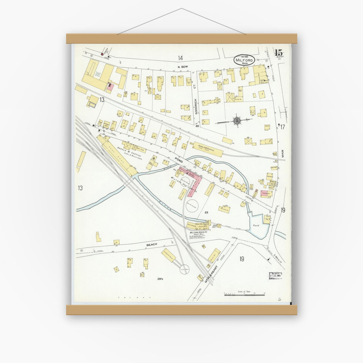 Old map wall art mockup — magnetic wood frame on white wall — Sanborn Fire Insurance Map from Milford, Worcester County, Massachusetts (1910), Sheet #0015