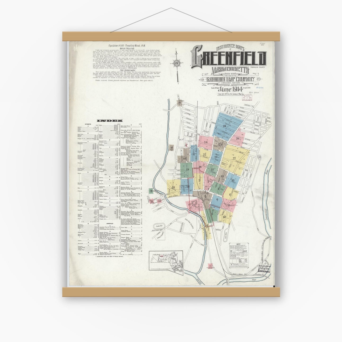 Old map wall art mockup — magnetic wood frame on white wall — Sanborn Fire Insurance Map from Greenfield, Franklin County, Massachusetts (1914) - Complete Map Set