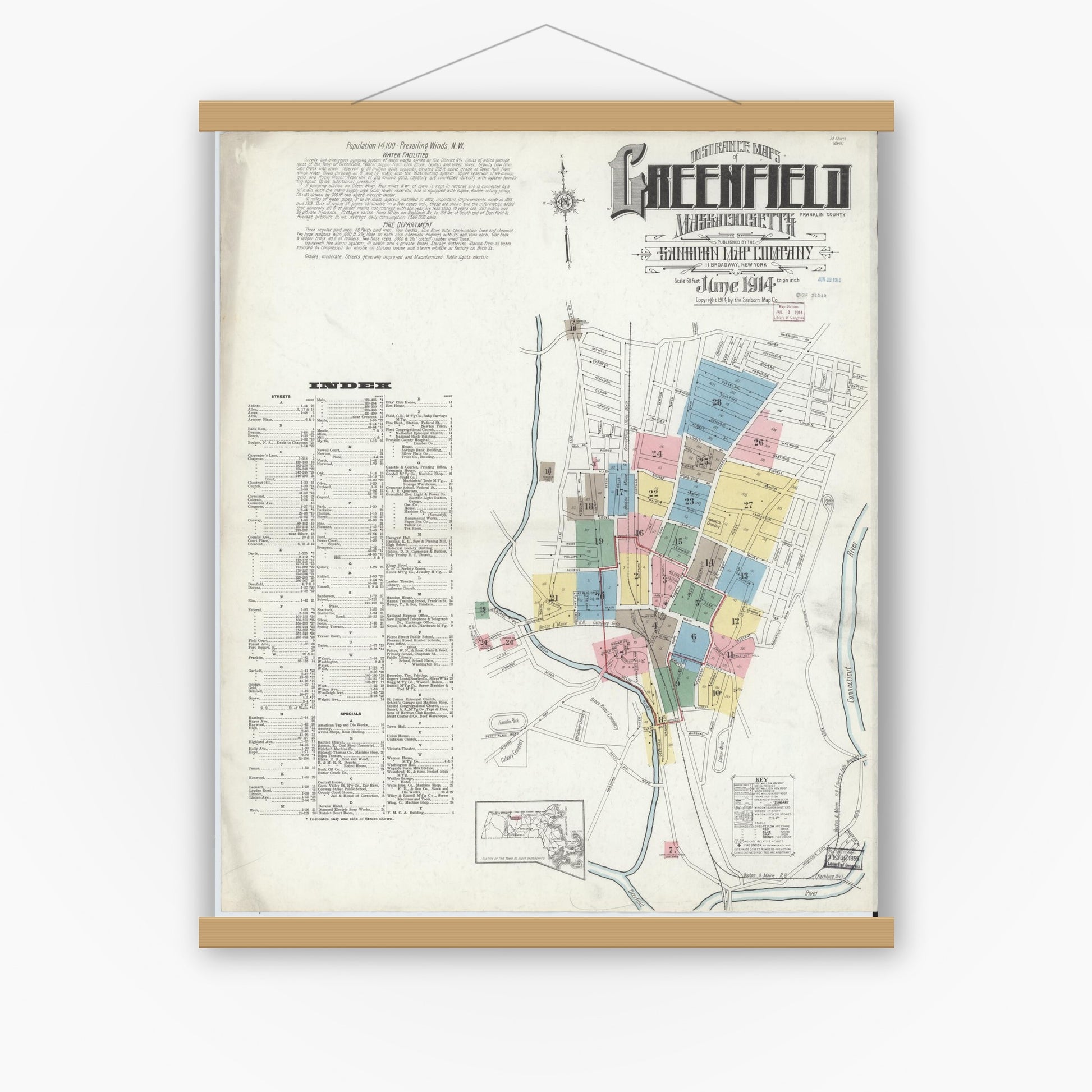 Old map wall art mockup — magnetic wood frame on white wall — Sanborn Fire Insurance Map from Greenfield, Franklin County, Massachusetts (1914) - Complete Map Set