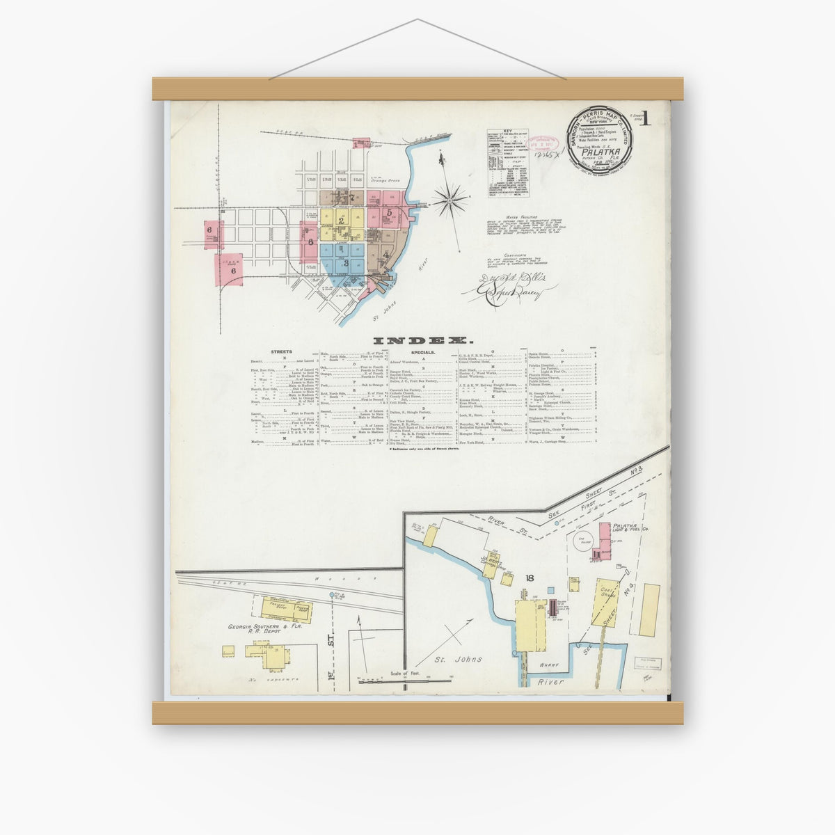 Old map wall art mockup — magnetic wood frame on white wall — Sanborn Fire Insurance Map from Palatka, Putnam County, Florida (1892), Sheet #0001