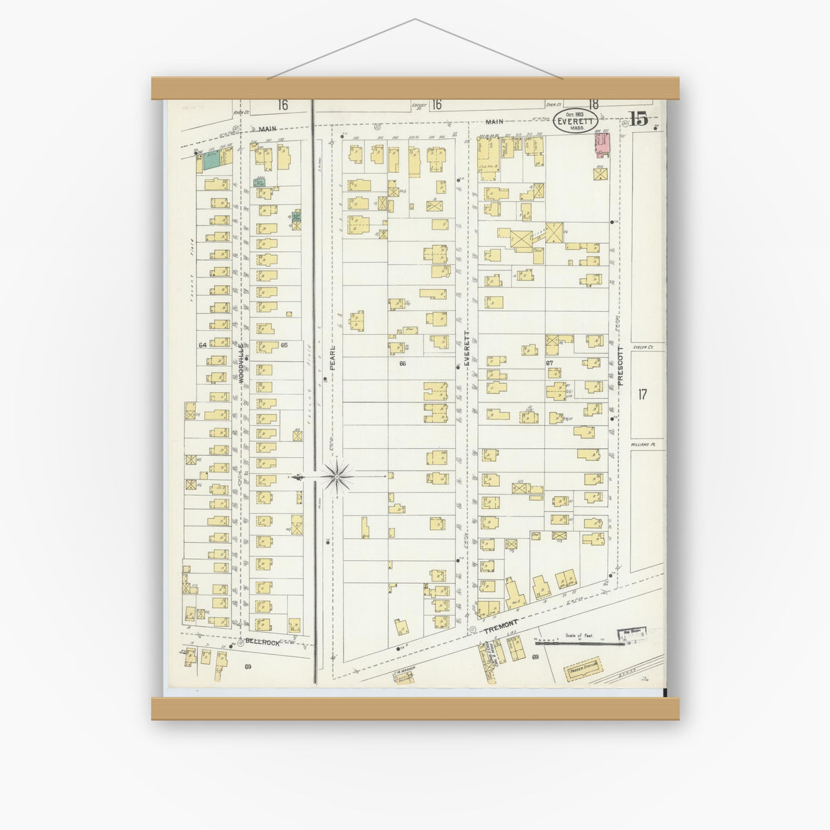 Old map wall art mockup — magnetic wood frame on white wall — Sanborn Fire Insurance Map from Everett, Middlesex County, Massachusetts (1903), Sheet #0015