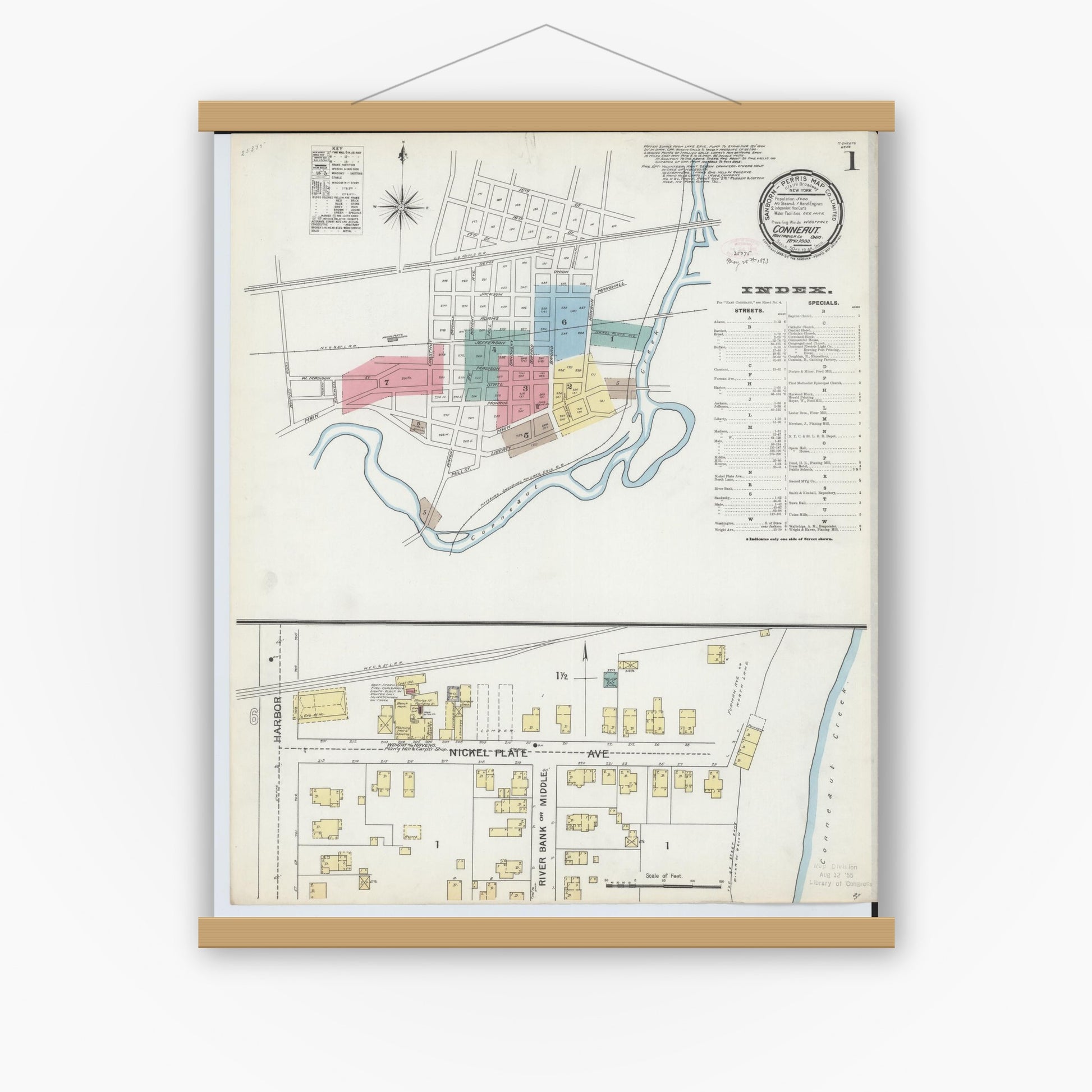Old map wall art mockup — magnetic wood frame on white wall — Sanborn Fire Insurance Map from Conneaut, Ashtabula County, Ohio (1893) - Complete Map Set