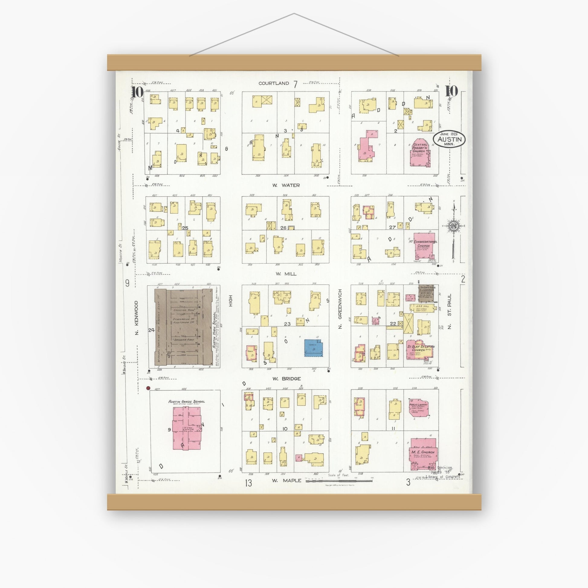 Old map wall art mockup — magnetic wood frame on white wall — Sanborn Fire Insurance Map from Austin, Mower County, Minnesota (1926), Sheet #0010