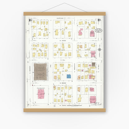 Old map wall art mockup — magnetic wood frame on white wall — Sanborn Fire Insurance Map from Austin, Mower County, Minnesota (1926), Sheet #0010