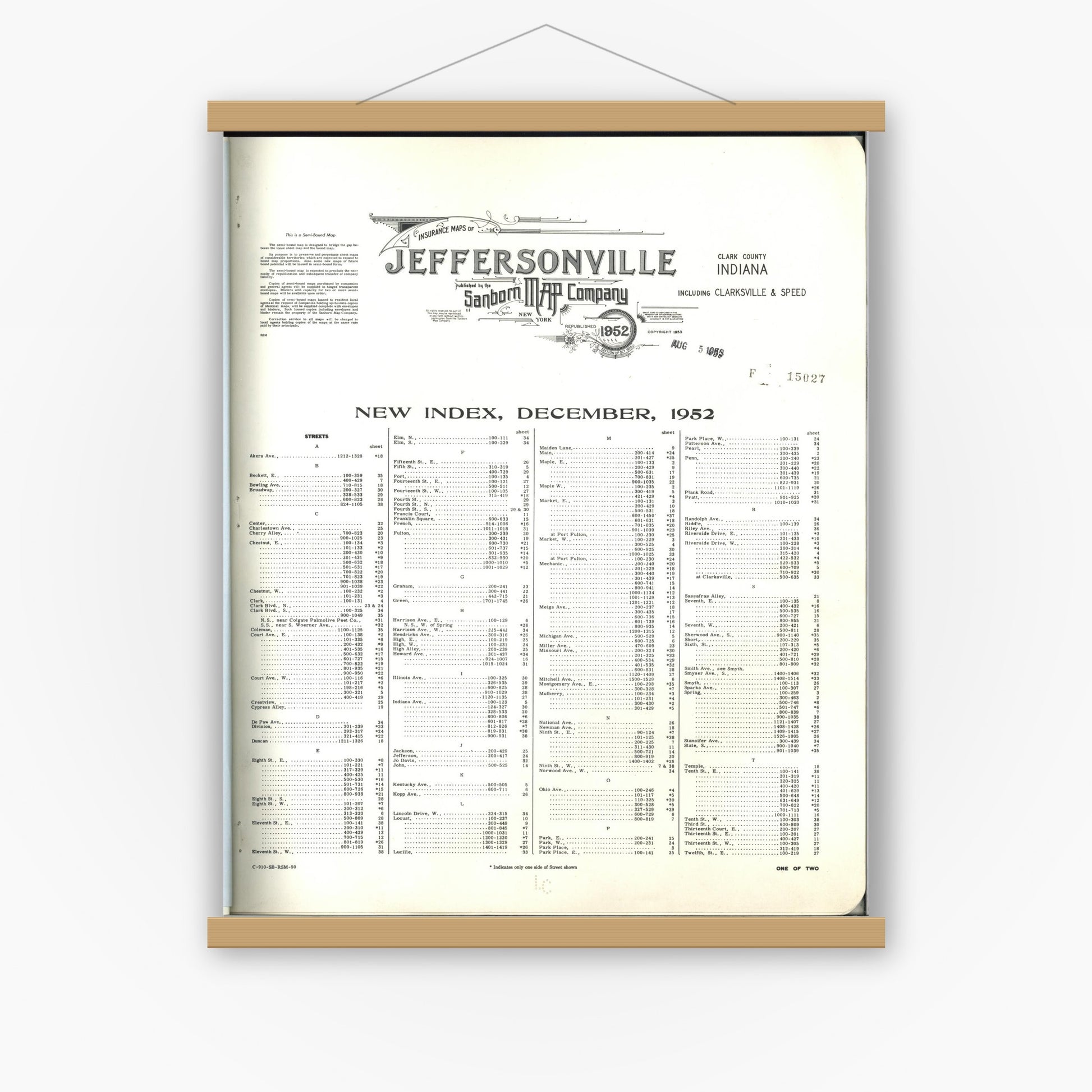 Old map wall art mockup — magnetic wood frame on white wall — Sanborn Fire Insurance Map from Jeffersonville, Clark County, Indiana (1952), Sheet #0001
