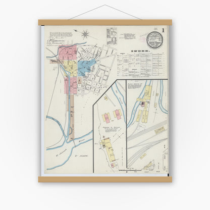 Old map wall art mockup — magnetic wood frame on white wall — Sanborn Fire Insurance Map from Benton Harbor, Berrien County, Michigan (1889), Sheet #0001