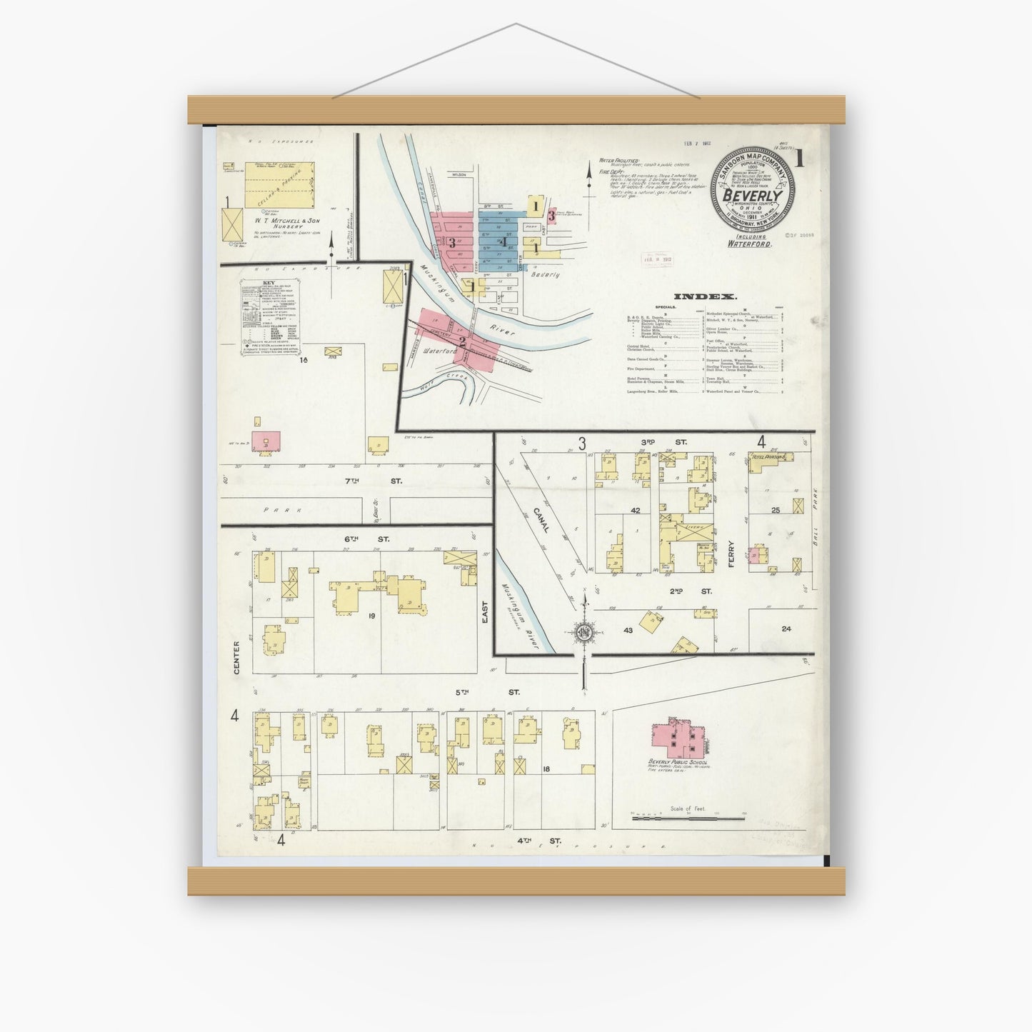 Old map wall art mockup — magnetic wood frame on white wall — Sanborn Fire Insurance Map from Beverly, Washington County, Ohio (1911) - Complete Map Set