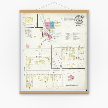 Old map wall art mockup — magnetic wood frame on white wall — Sanborn Fire Insurance Map from Beverly, Washington County, Ohio (1911) - Complete Map Set