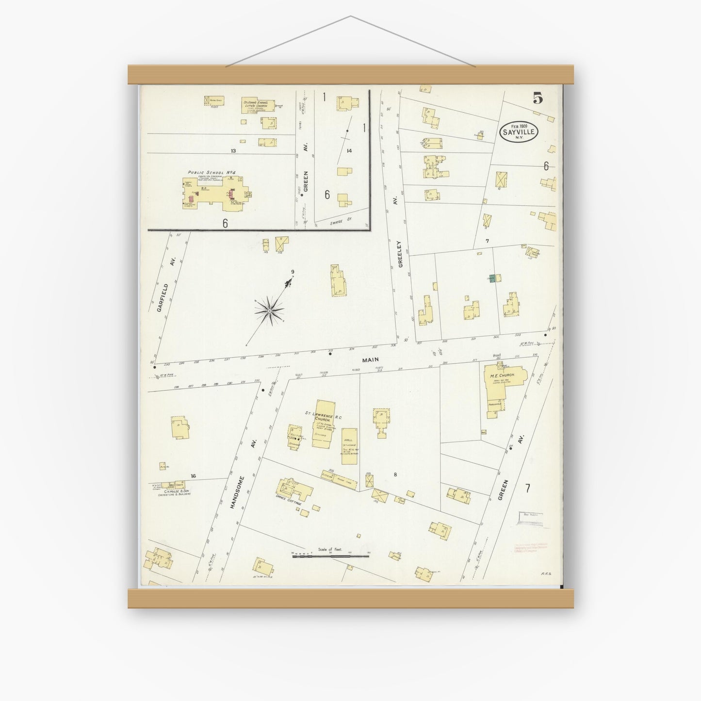 Old map wall art mockup — magnetic wood frame on white wall — Sanborn Fire Insurance Map from Sayville, Suffolk County, New York (1909), Sheet #0005