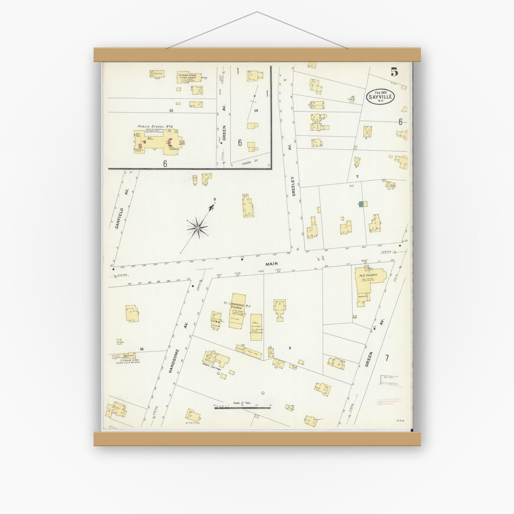 Old map wall art mockup — magnetic wood frame on white wall — Sanborn Fire Insurance Map from Sayville, Suffolk County, New York (1909), Sheet #0005