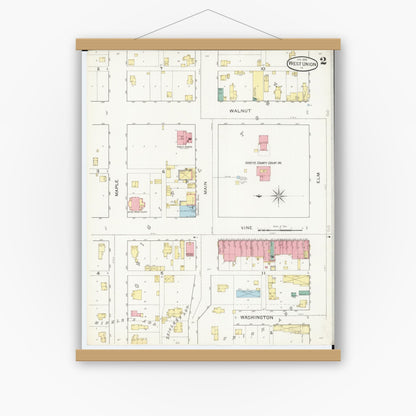 Old map wall art mockup — magnetic wood frame on white wall — Sanborn Fire Insurance Map from West Union, Fayette County, Iowa (1894), Sheet #0002