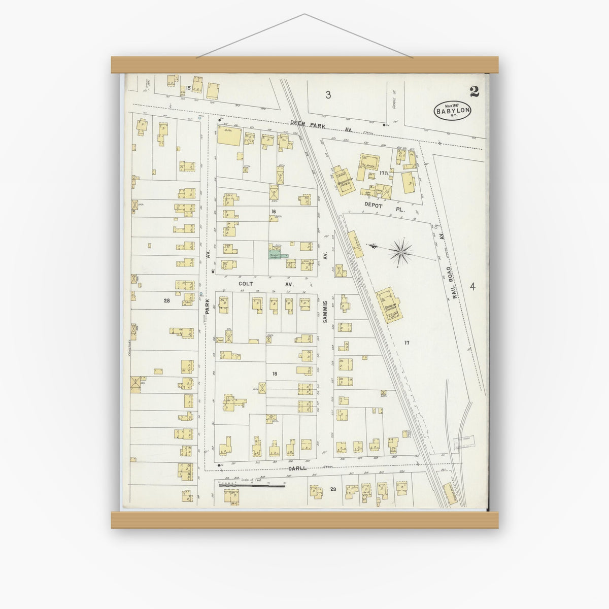 Old map wall art mockup — magnetic wood frame on white wall — Sanborn Fire Insurance Map from Babylon, Suffolk County, New York (1897), Sheet #0002