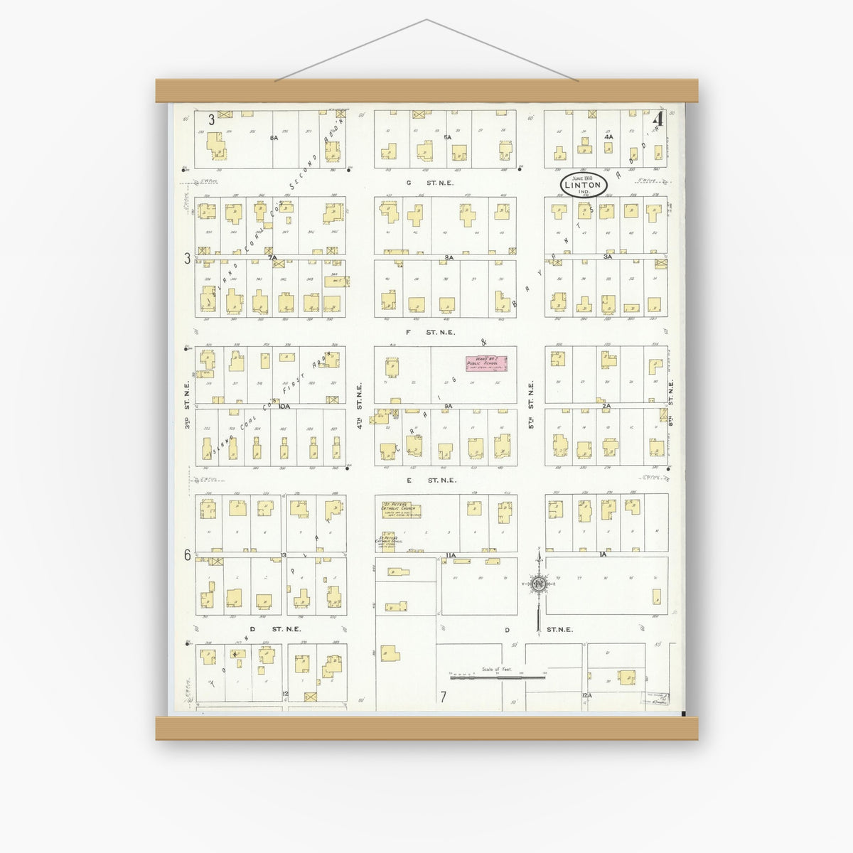 Old map wall art mockup — magnetic wood frame on white wall — Sanborn Fire Insurance Map from Linton, Greene County, Indiana (1910), Sheet #0004