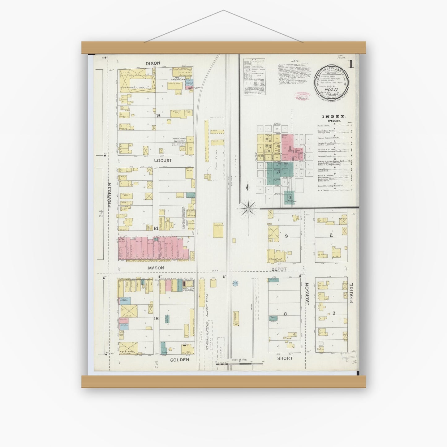 Old map wall art mockup — magnetic wood frame on white wall — Sanborn Fire Insurance Map from Polo, Ogle County, Illinois (1893) - Complete Map Set