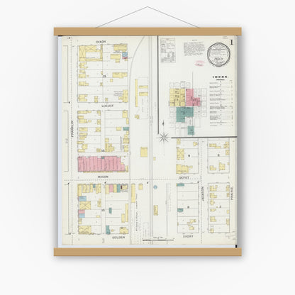 Old map wall art mockup — magnetic wood frame on white wall — Sanborn Fire Insurance Map from Polo, Ogle County, Illinois (1893) - Complete Map Set