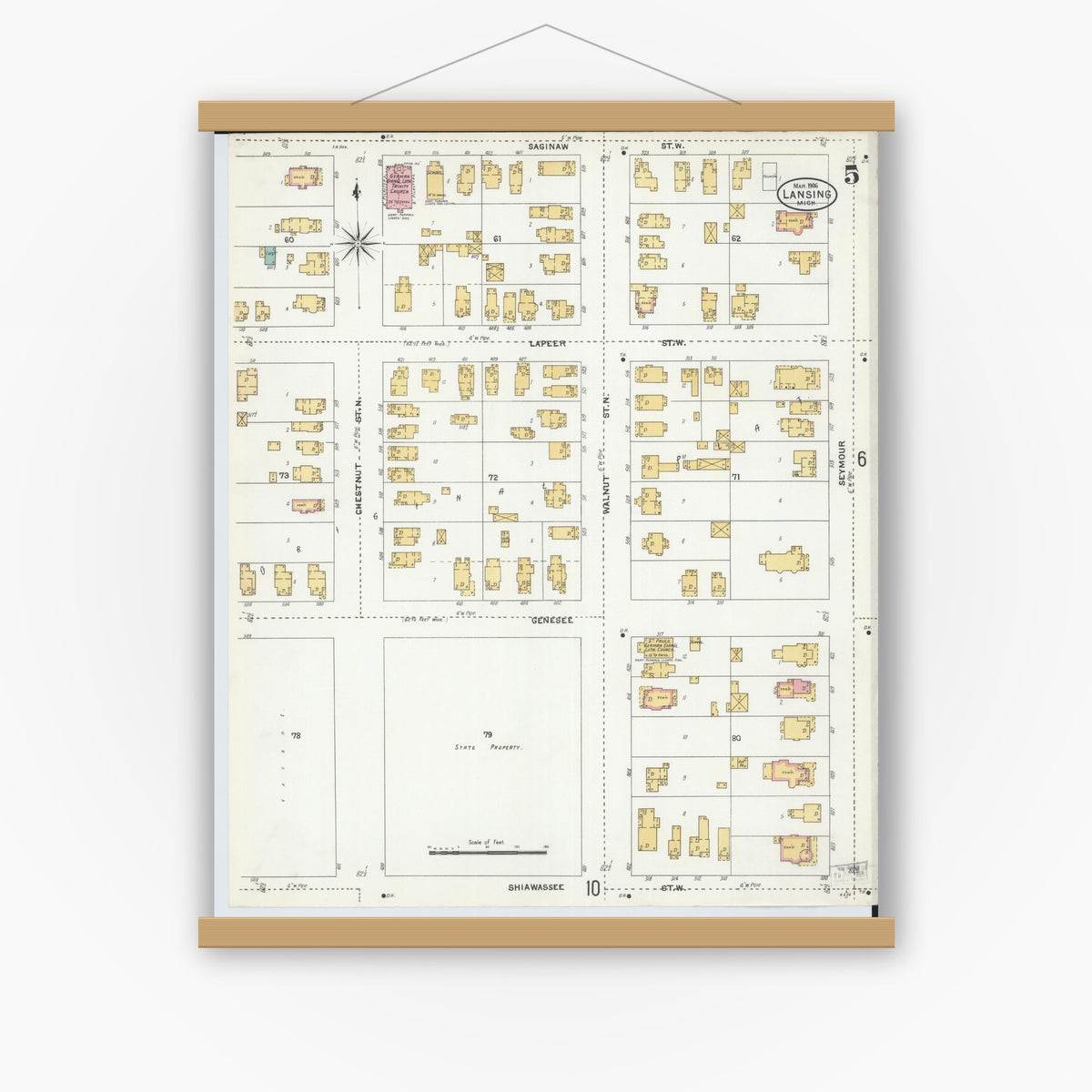 Old map wall art mockup — magnetic wood frame on white wall — Sanborn Fire Insurance Map from Lansing, Ingham County, Michigan (1906), Sheet #0005