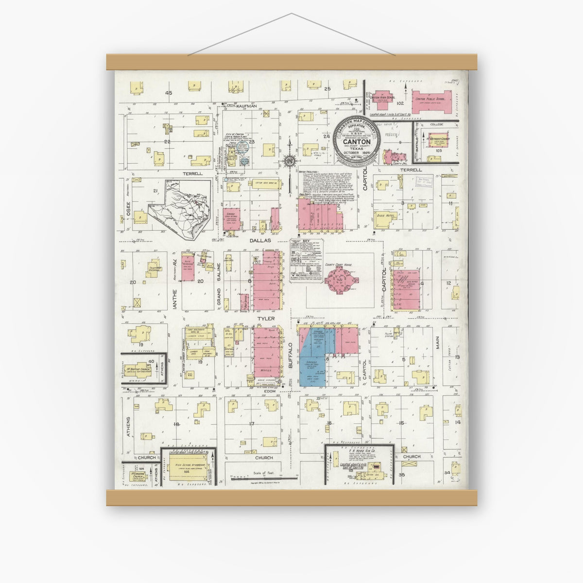 Old map wall art mockup — magnetic wood frame on white wall — Sanborn Fire Insurance Map from Canton, Van Zandt County, Texas (1925), Sheet #0001