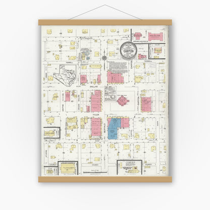 Old map wall art mockup — magnetic wood frame on white wall — Sanborn Fire Insurance Map from Canton, Van Zandt County, Texas (1925), Sheet #0001