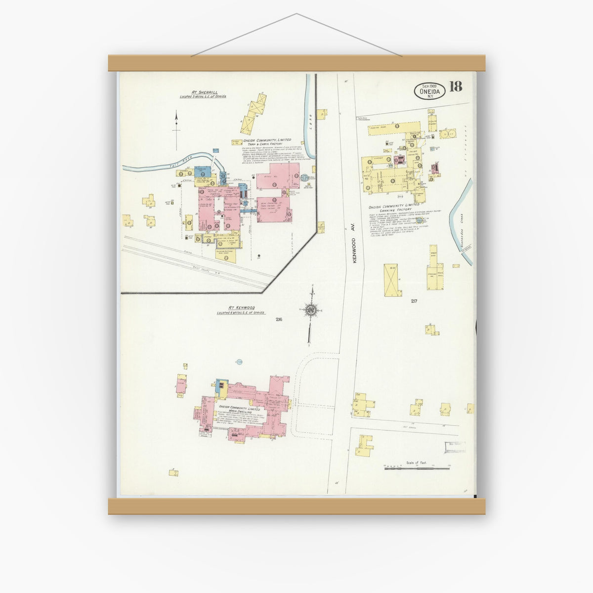 Old map wall art mockup — magnetic wood frame on white wall — Sanborn Fire Insurance Map from Oneida, Madison County, New York (1909), Sheet #0018