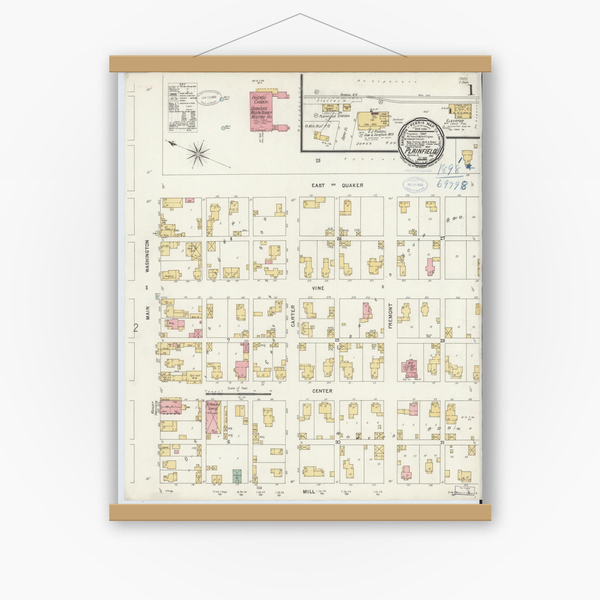 Old map wall art mockup — magnetic wood frame on white wall — Sanborn Fire Insurance Map from Plainfield, Hendricks County, Indiana (1898), Sheet #0001