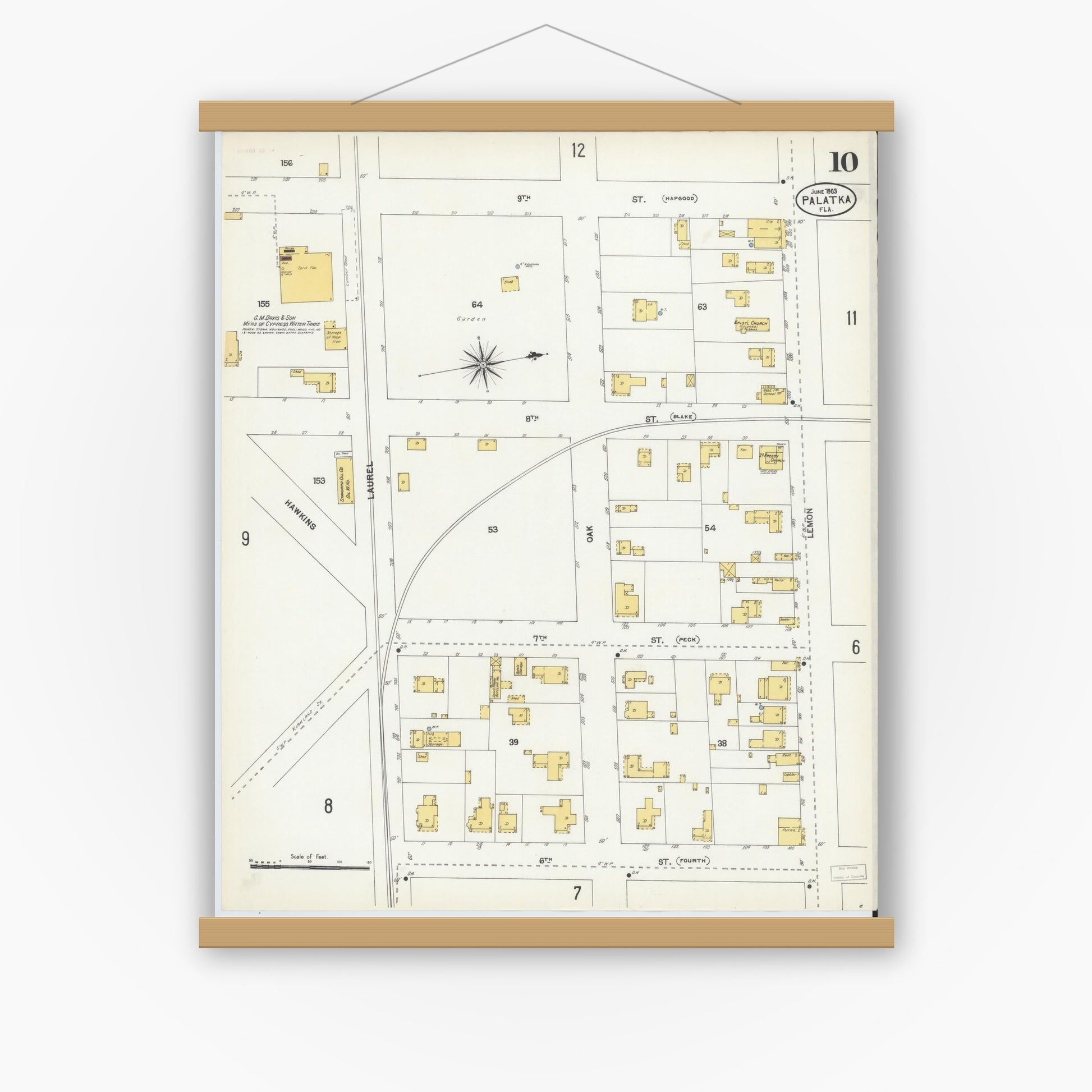 Old map wall art mockup — magnetic wood frame on white wall — Sanborn Fire Insurance Map from Palatka, Putnam County, Florida (1903), Sheet #0010