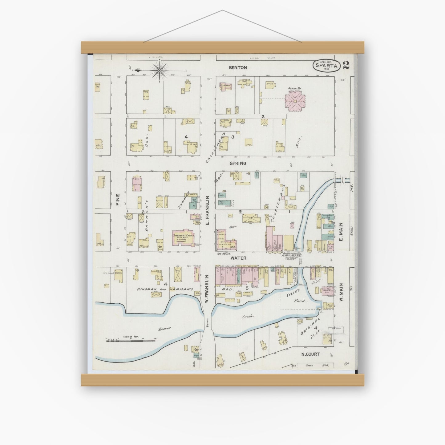 Old map wall art mockup — magnetic wood frame on white wall — Sanborn Fire Insurance Map from Sparta, Monroe County, Wisconsin (1889), Sheet #0002