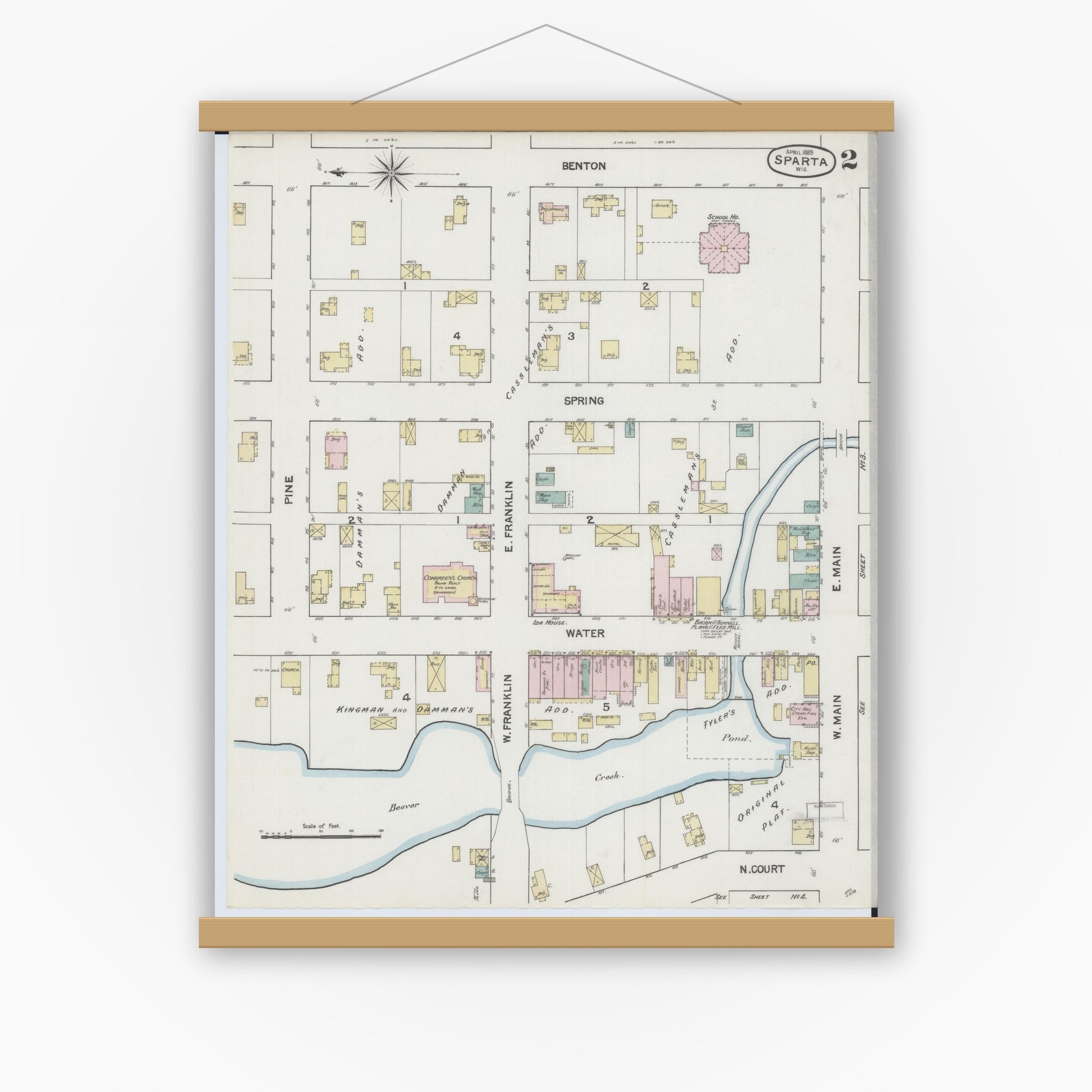 Old map wall art mockup — magnetic wood frame on white wall — Sanborn Fire Insurance Map from Sparta, Monroe County, Wisconsin (1889), Sheet #0002