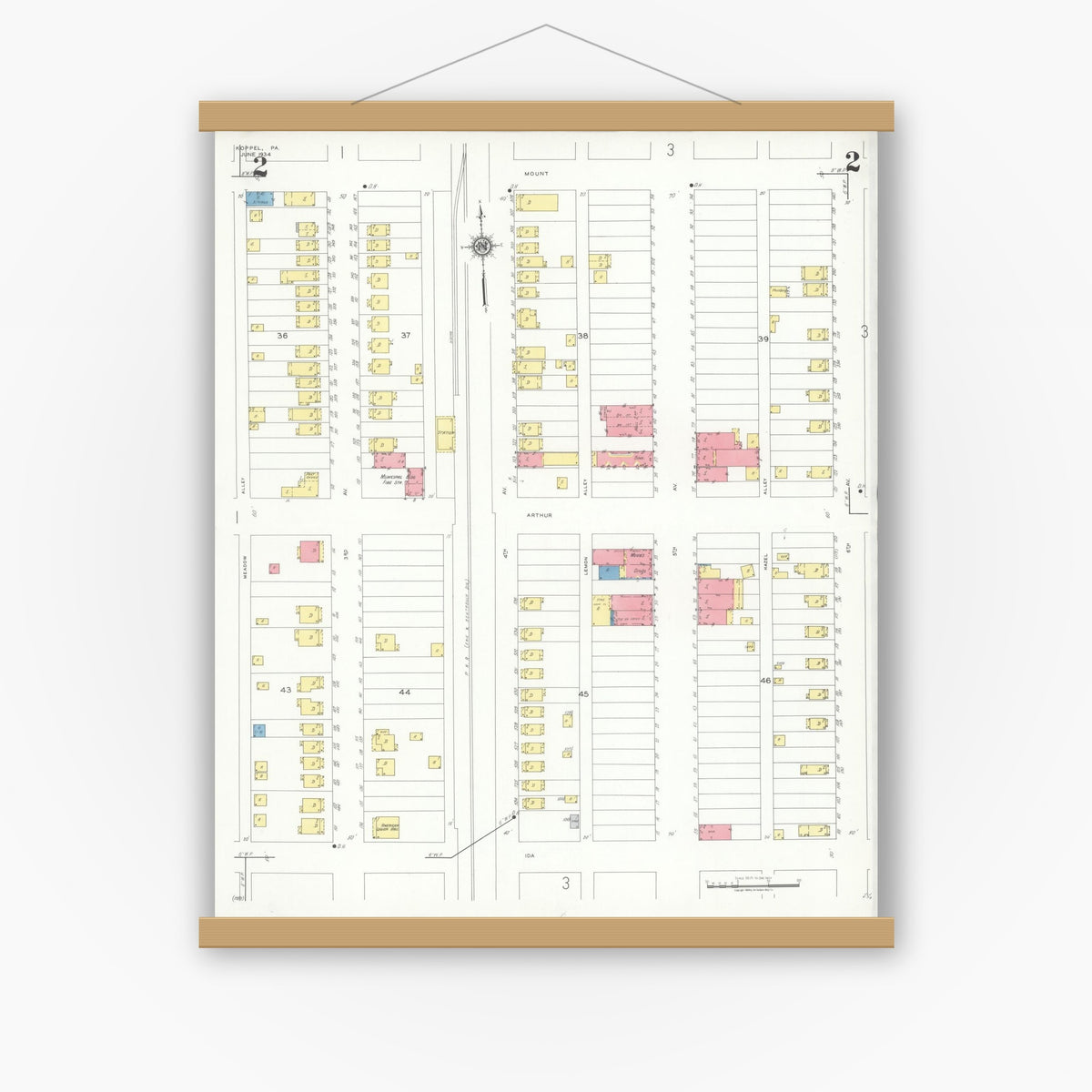 Old map wall art mockup — magnetic wood frame on white wall — Sanborn Fire Insurance Map from Koppel, Beaver County, Pennsylvania (1934), Sheet #0002