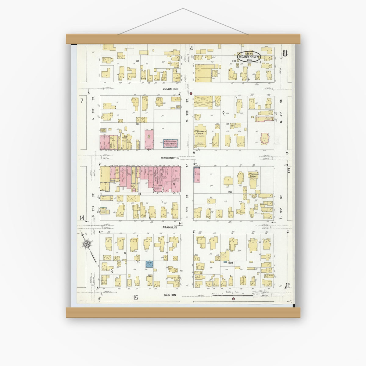 Old map wall art mockup — magnetic wood frame on white wall — Sanborn Fire Insurance Map from Grand Haven, Ottawa County, Michigan (1912), Sheet #0008