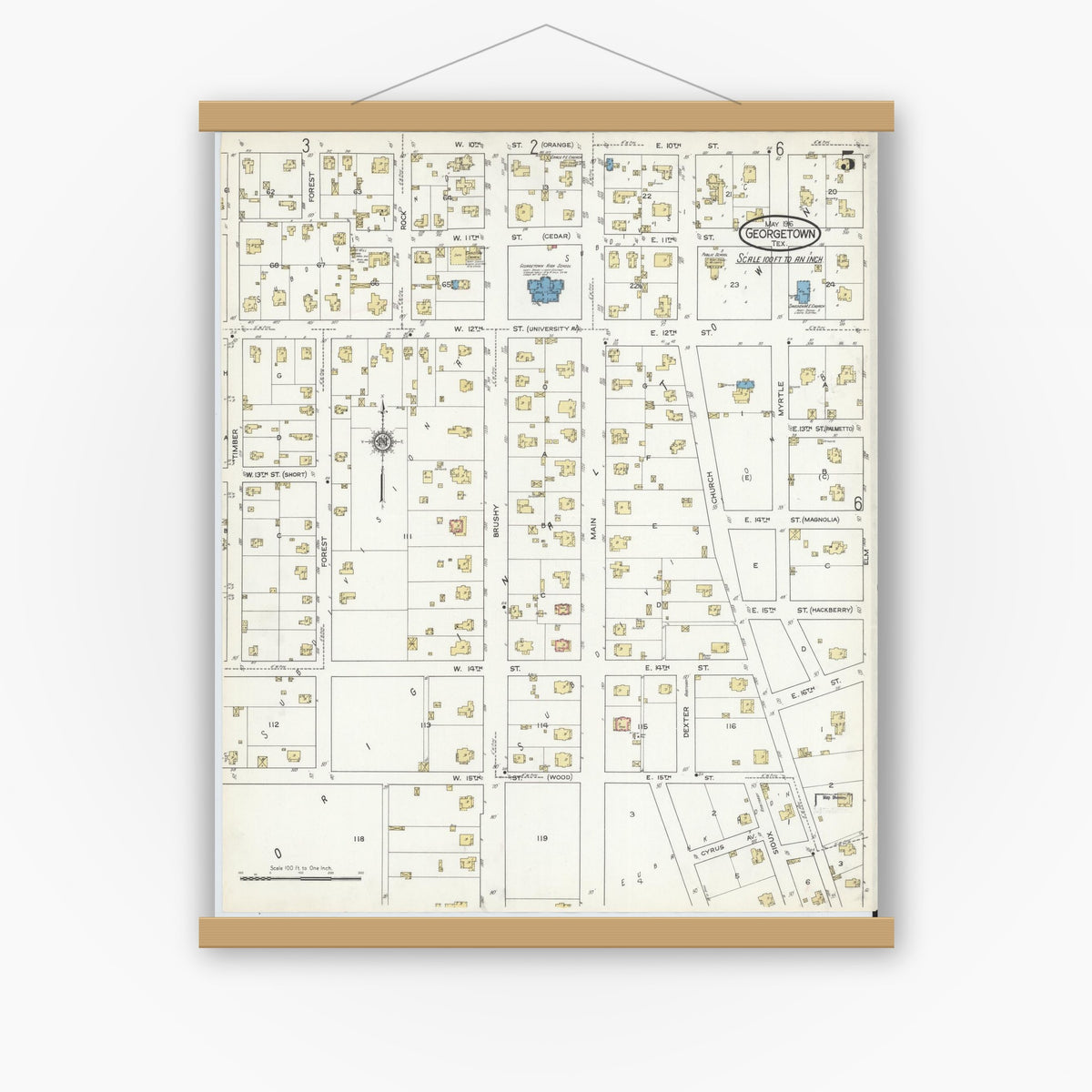 Old map wall art mockup — magnetic wood frame on white wall — Sanborn Fire Insurance Map from Georgetown, Williamson County, Texas (1916), Sheet #0005