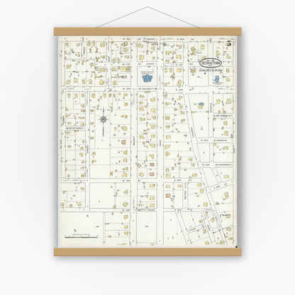 Old map wall art mockup — magnetic wood frame on white wall — Sanborn Fire Insurance Map from Georgetown, Williamson County, Texas (1916), Sheet #0005