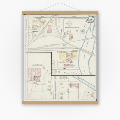 Old map wall art mockup — magnetic wood frame on white wall — Sanborn Fire Insurance Map from Newark, Licking County, Ohio (1889), Sheet #0009