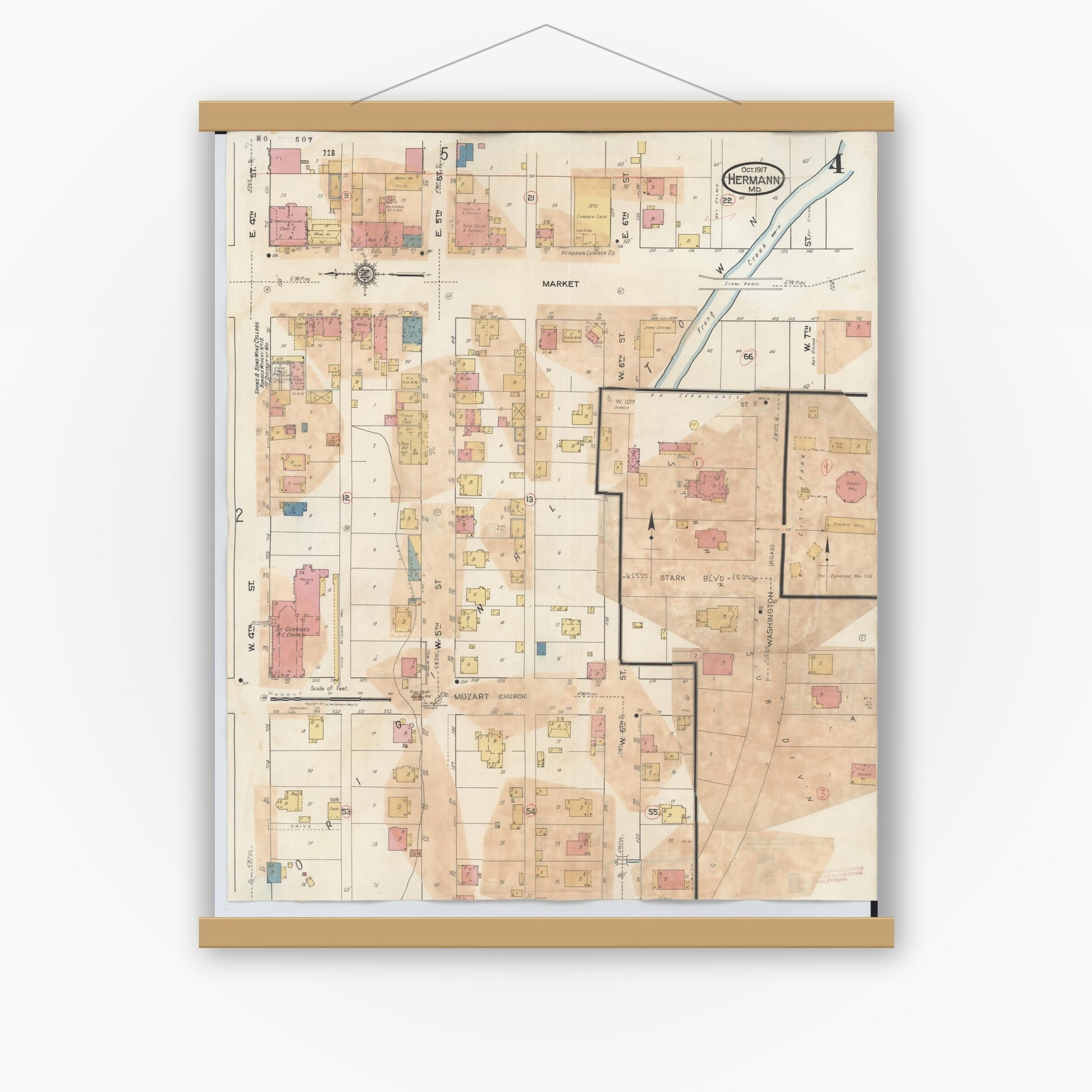 Old map wall art mockup — magnetic wood frame on white wall — Sanborn Fire Insurance Map from Hermann, Gasconade County, Missouri (1932), Sheet #0004