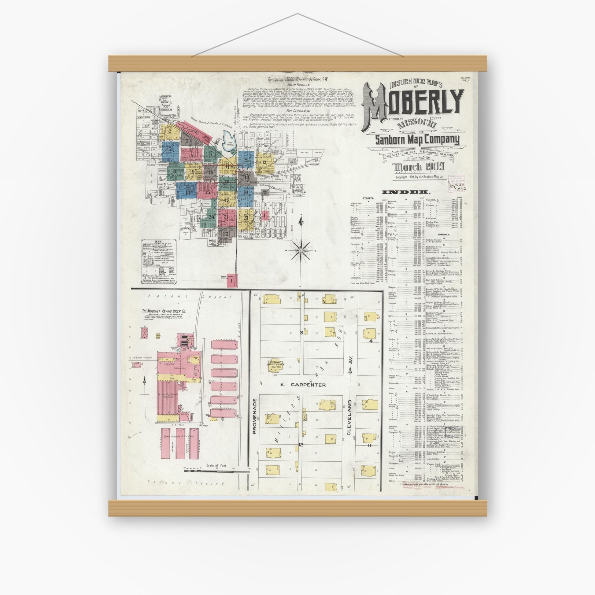 Old map wall art mockup — magnetic wood frame on white wall — Sanborn Fire Insurance Map from Moberly, Randolph County, Missouri (1909) - Complete Map Set