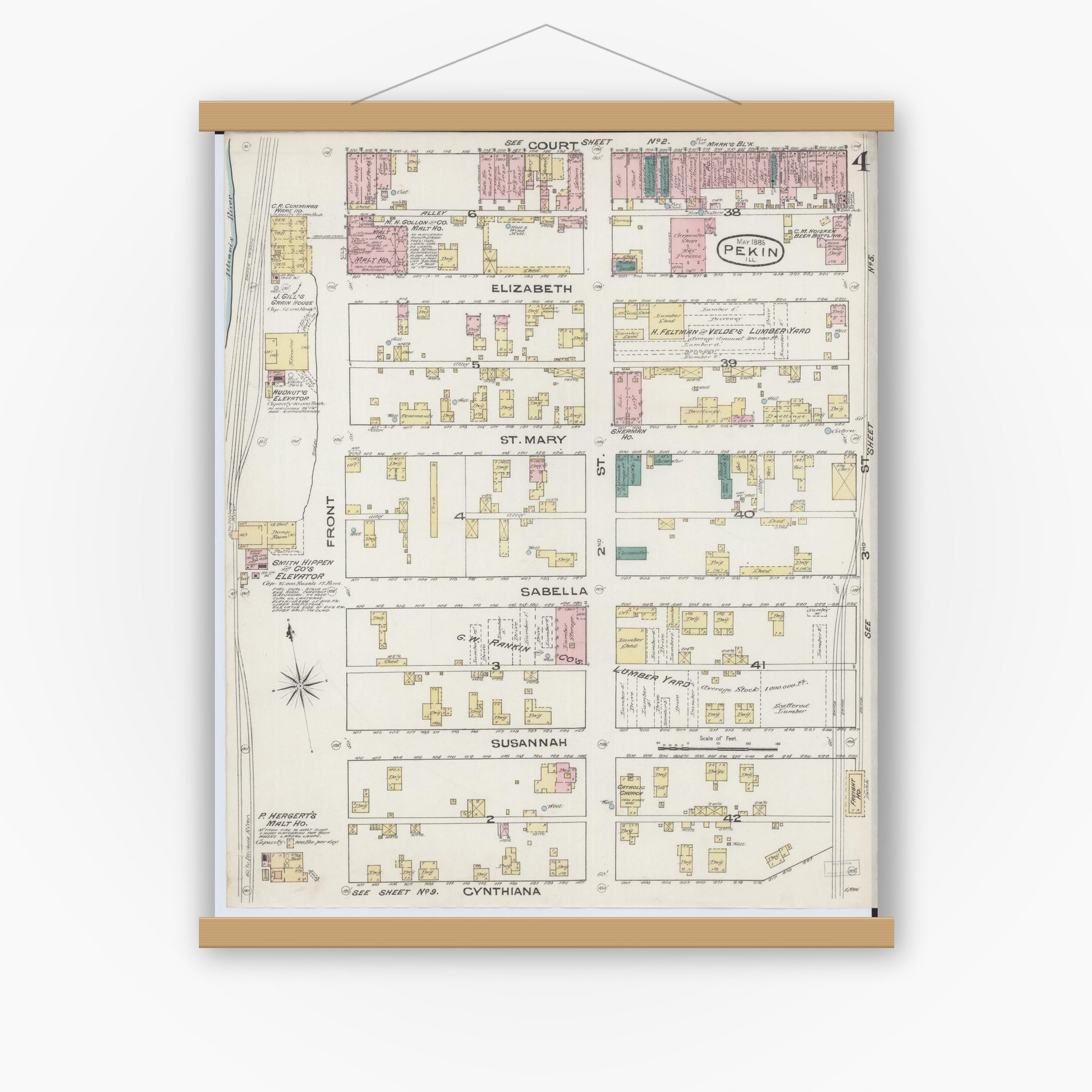 Old map wall art mockup — magnetic wood frame on white wall — Sanborn Fire Insurance Map from Pekin, Tazewell County, Illinois (1885), Sheet #0004