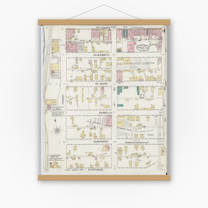 Old map wall art mockup — magnetic wood frame on white wall — Sanborn Fire Insurance Map from Pekin, Tazewell County, Illinois (1885), Sheet #0004