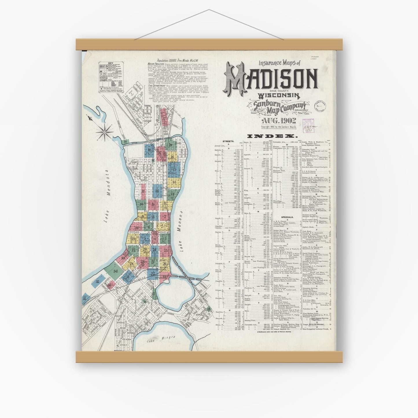 Old map wall art mockup — magnetic wood frame on white wall — Sanborn Fire Insurance Map from Madison, Dane County, Wisconsin (1902) - Complete Map Set