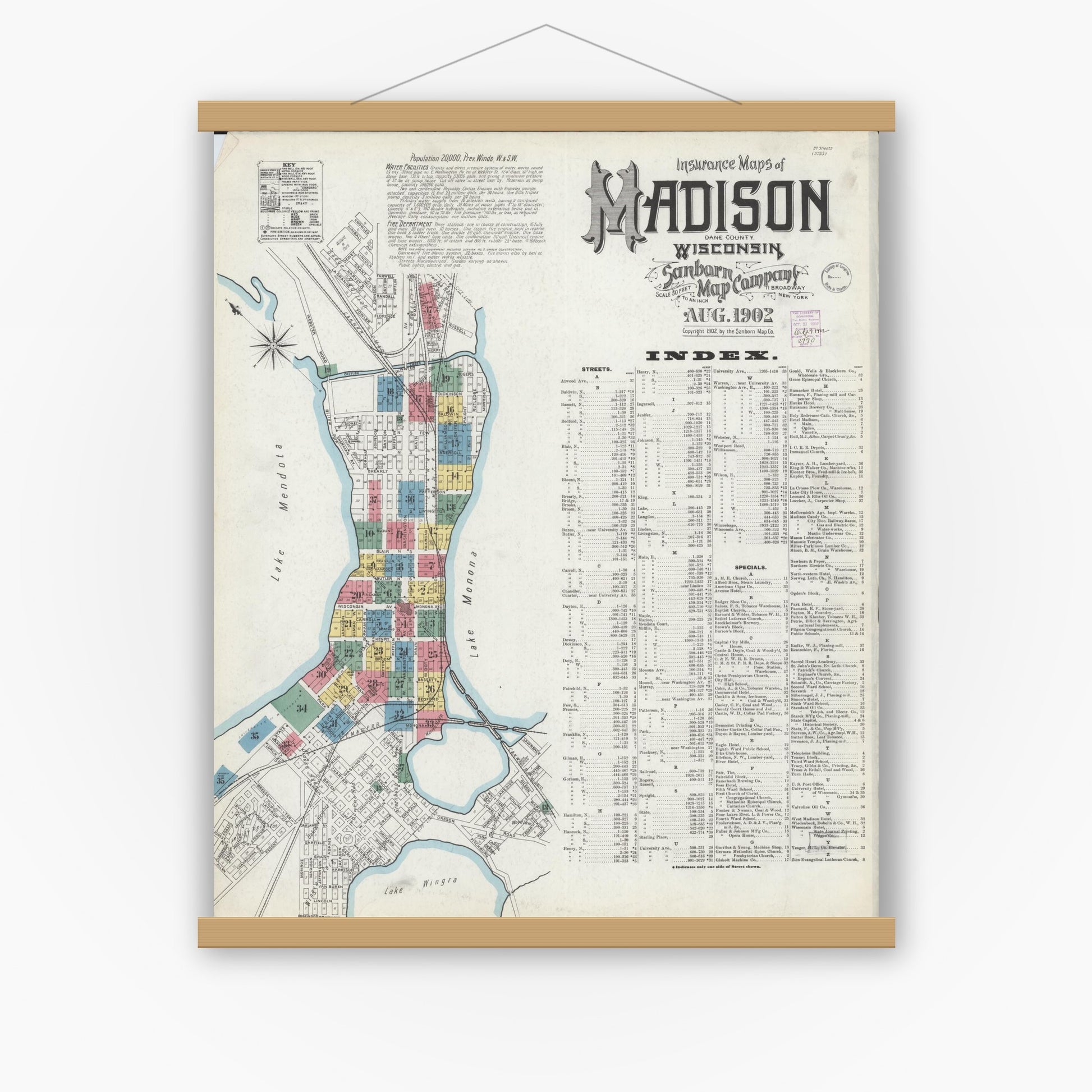 Old map wall art mockup — magnetic wood frame on white wall — Sanborn Fire Insurance Map from Madison, Dane County, Wisconsin (1902) - Complete Map Set