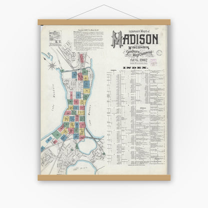 Old map wall art mockup — magnetic wood frame on white wall — Sanborn Fire Insurance Map from Madison, Dane County, Wisconsin (1902) - Complete Map Set