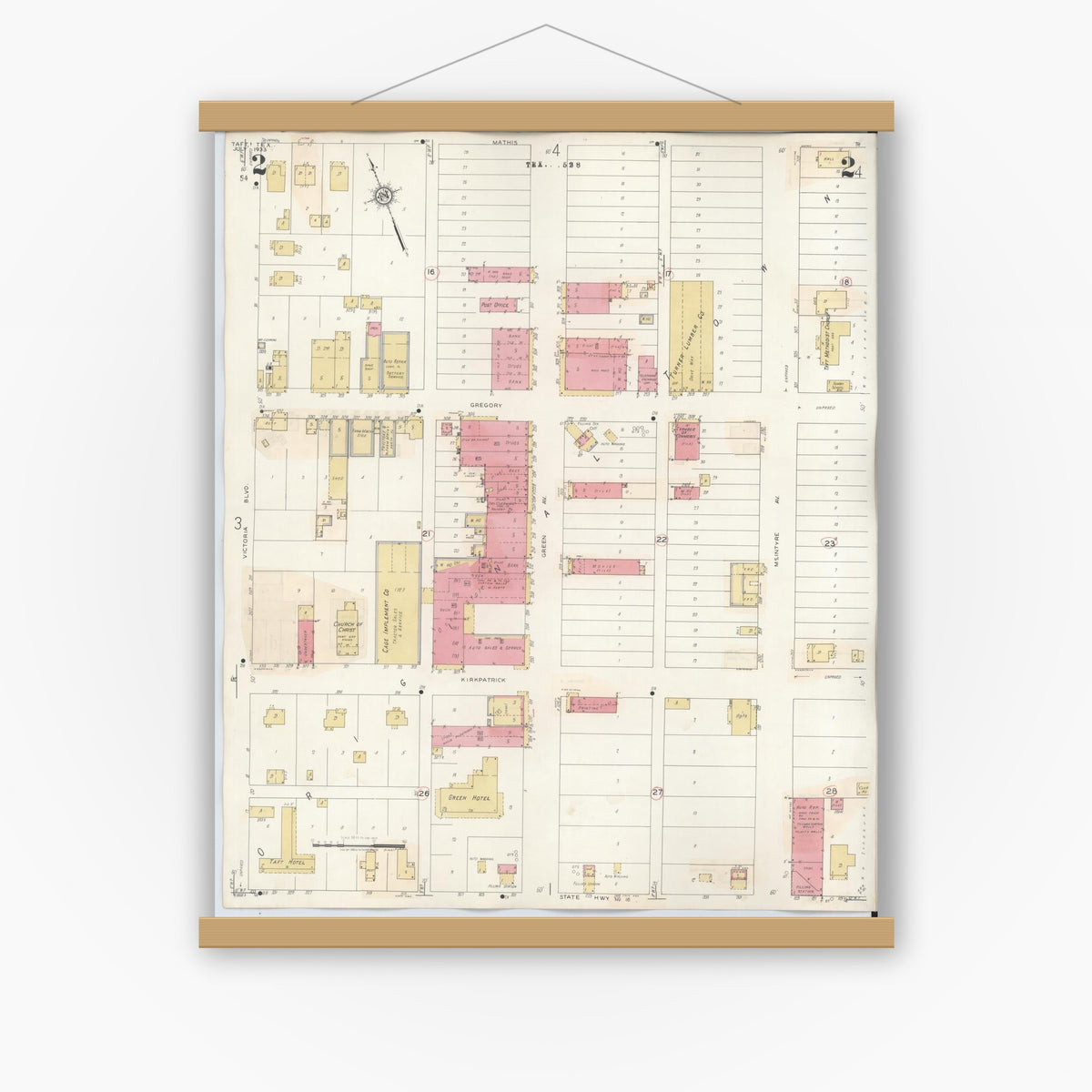 Old map wall art mockup — magnetic wood frame on white wall — Sanborn Fire Insurance Map from Taft, San Patricio County, Texas (1942), Sheet #0002