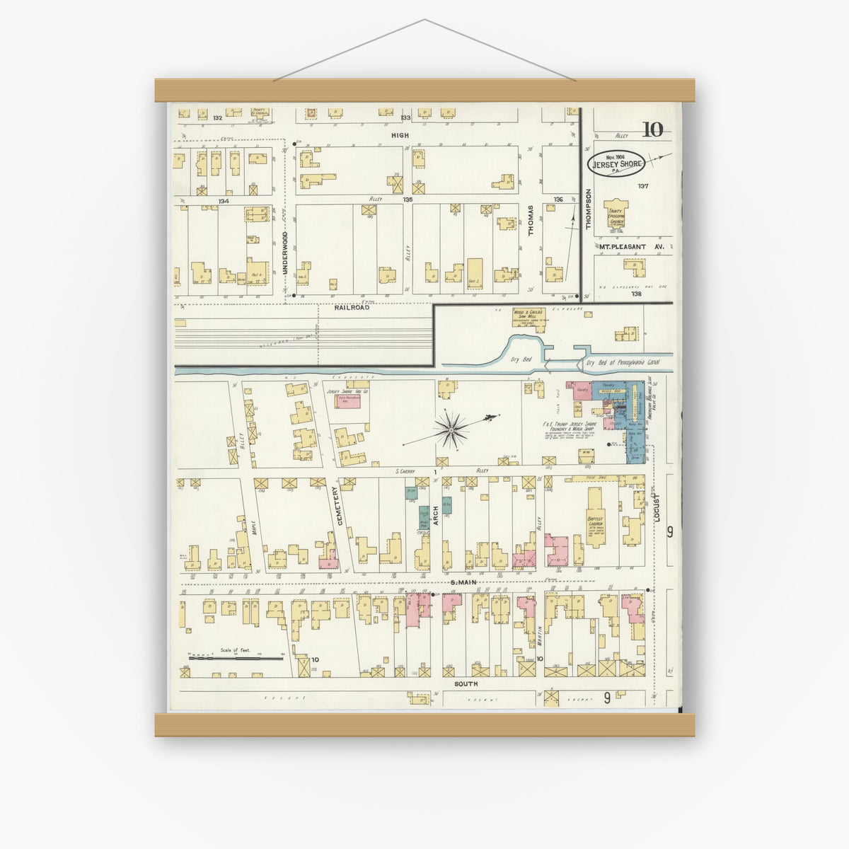 Old map wall art mockup — magnetic wood frame on white wall — Sanborn Fire Insurance Map from Jersey Shore, Lycoming County, Pennsylvania (1906), Sheet #0010
