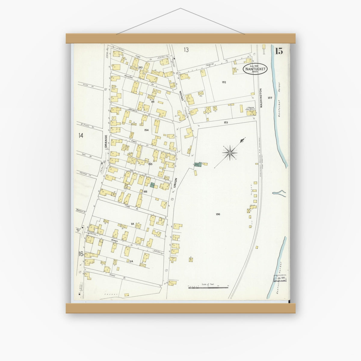Old map wall art mockup — magnetic wood frame on white wall — Sanborn Fire Insurance Map from Nantucket, Nantucket County, Massachusetts (1909), Sheet #0015