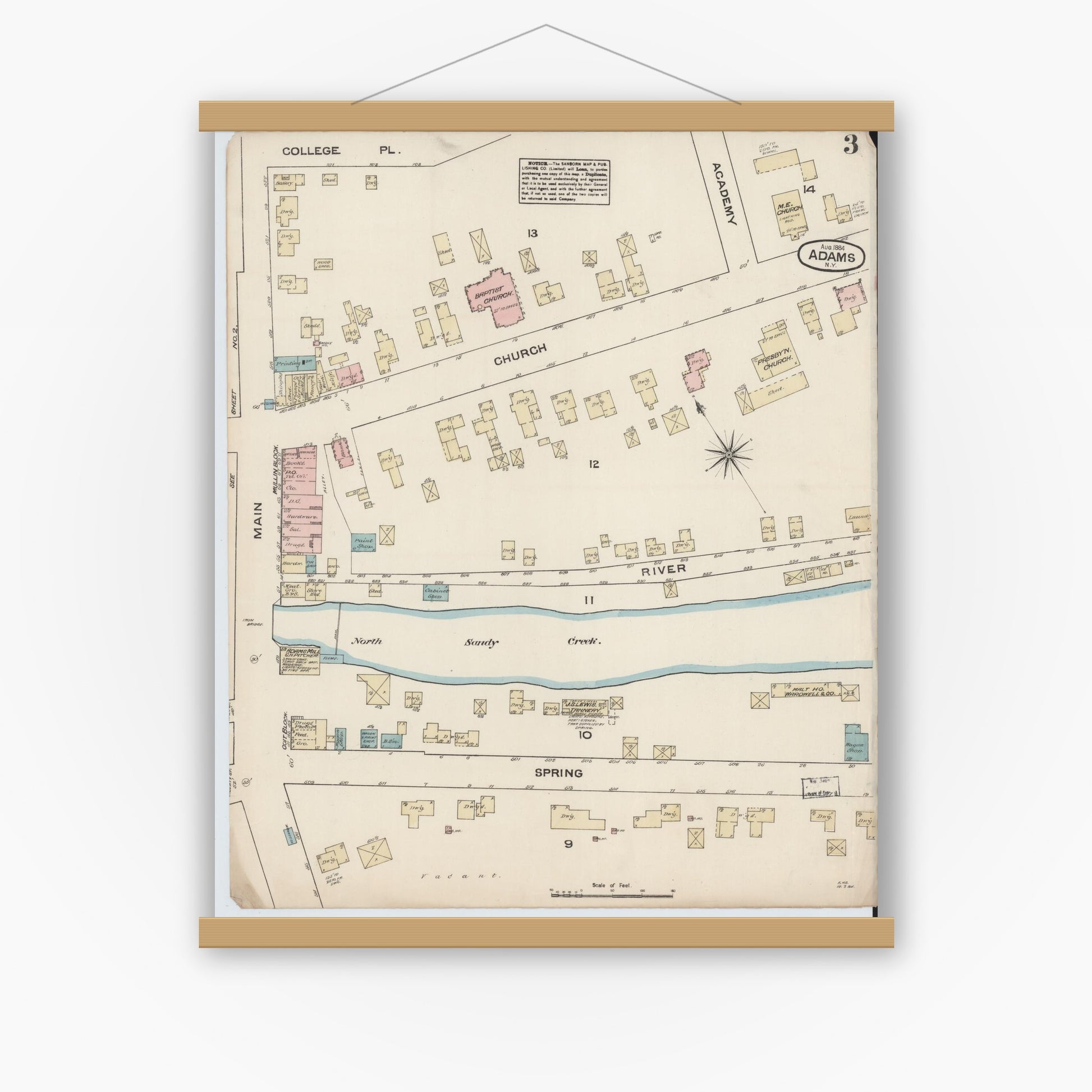 Old map wall art mockup — magnetic wood frame on white wall — Sanborn Fire Insurance Map from Adams, Jefferson County, New York (1884), Sheet #0003