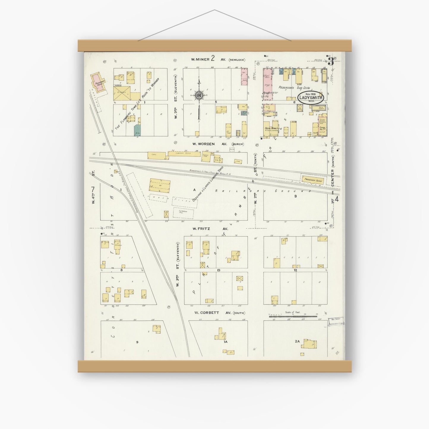 Old map wall art mockup — magnetic wood frame on white wall — Sanborn Fire Insurance Map from Ladysmith, Rusk County, Wisconsin (1909), Sheet #0003