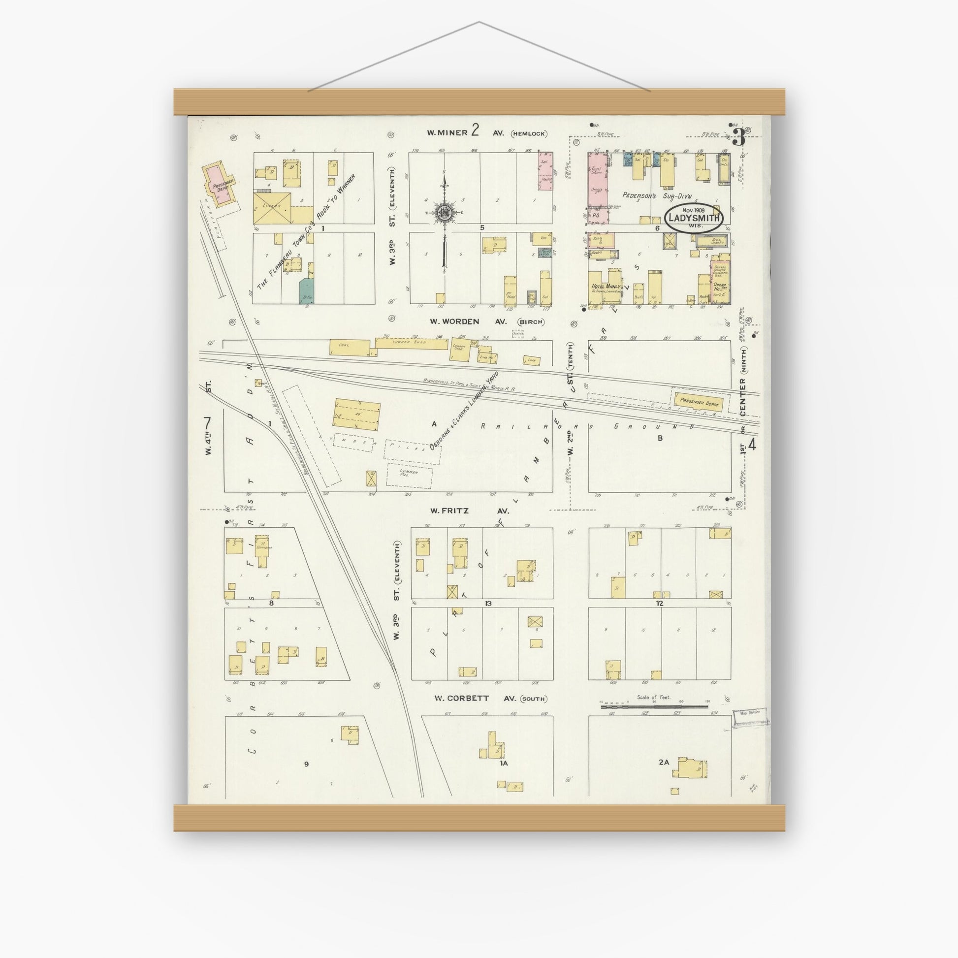 Old map wall art mockup — magnetic wood frame on white wall — Sanborn Fire Insurance Map from Ladysmith, Rusk County, Wisconsin (1909), Sheet #0003