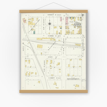 Old map wall art mockup — magnetic wood frame on white wall — Sanborn Fire Insurance Map from Ladysmith, Rusk County, Wisconsin (1909), Sheet #0003