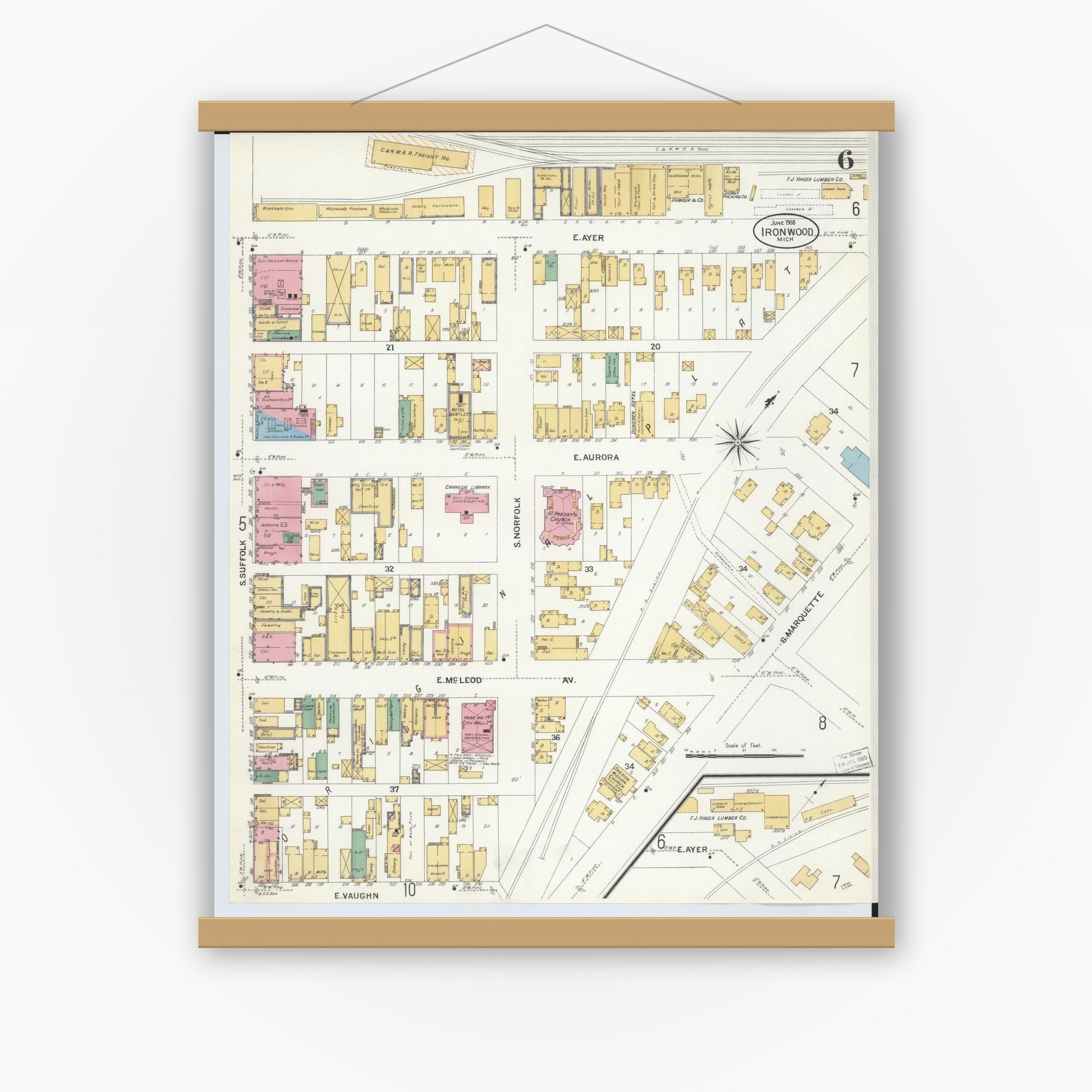 Old map wall art mockup — magnetic wood frame on white wall — Sanborn Fire Insurance Map from Ironwood, Gogebic County, Michigan (1908), Sheet #0006