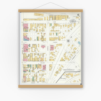 Old map wall art mockup — magnetic wood frame on white wall — Sanborn Fire Insurance Map from Ironwood, Gogebic County, Michigan (1908), Sheet #0006