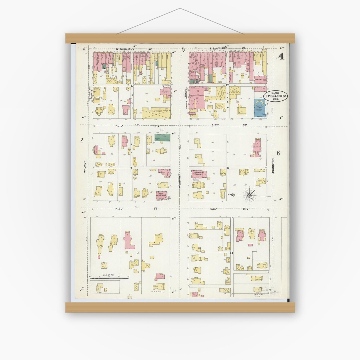 Old map wall art mockup — magnetic wood frame on white wall — Sanborn Fire Insurance Map from Upper Sandusky, Wyandot County, Ohio (1902), Sheet #0004